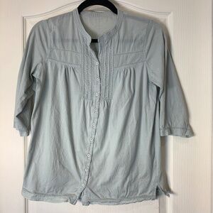 Grey-Sage Cotton Blouse – Minimalist Button Front Soft Casual Top M Casual